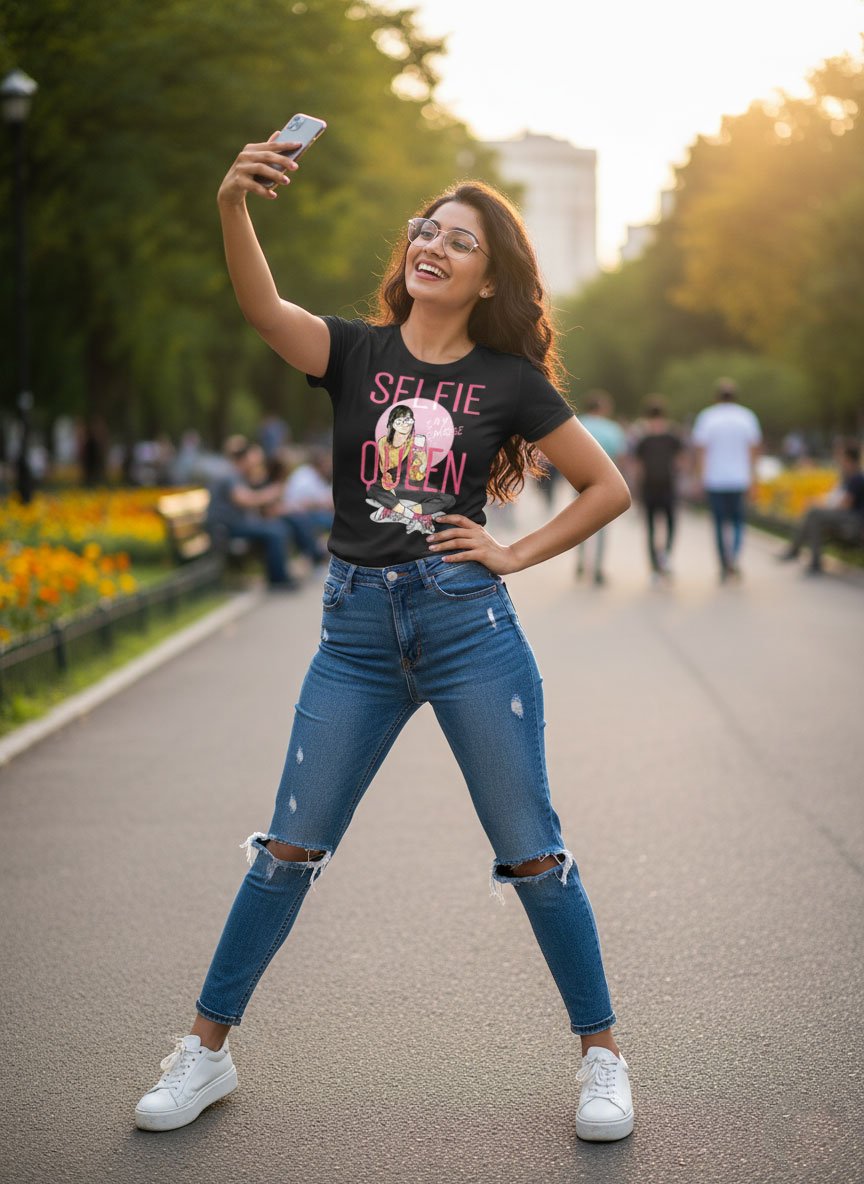 Selfie Queen | Women Round Neak Vichitra T-Shirt - Image 2